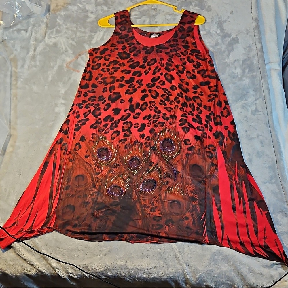 Cato Women's L Tunic Blouse Sleeveless Scoop Neck Red/Black Leopard Chiffon